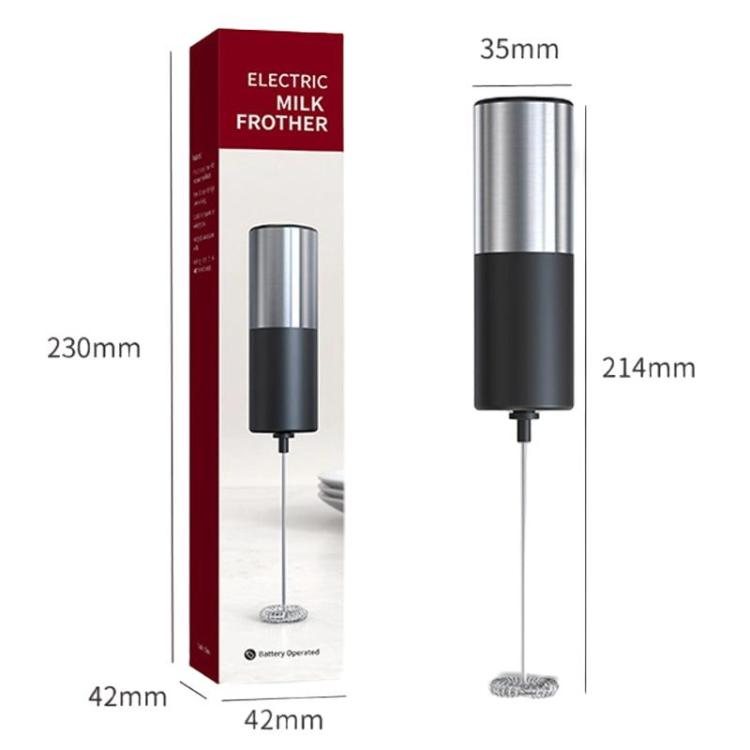 Electric milk frother package and handheld unit, black-and-silver design with size diagram