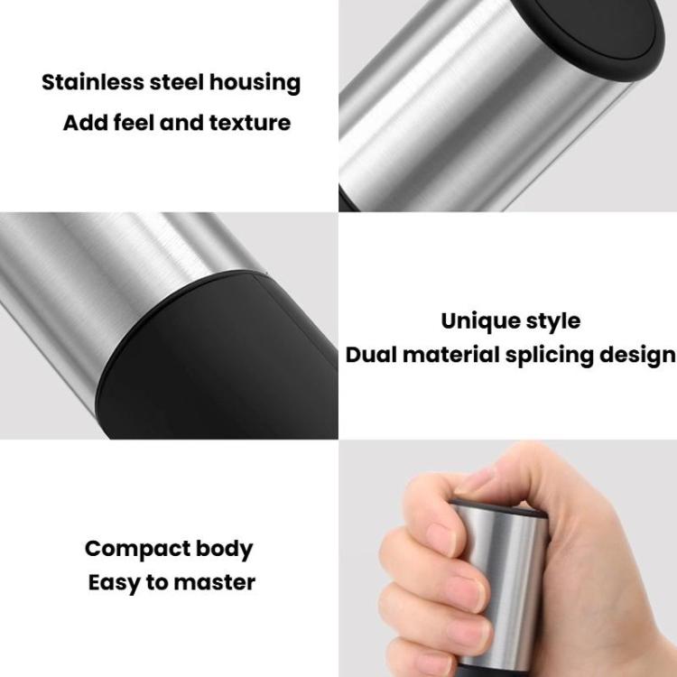 Compact frother with stainless steel housing and black dual-material control section.
