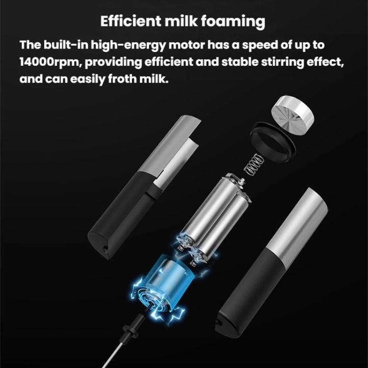 Electric milk frother stick with stainless top and black handle, whisk attachment