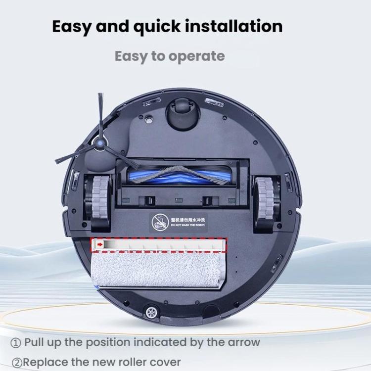 Robot vacuum with waste water tank drainage tube installed, white perforated plastic strip
