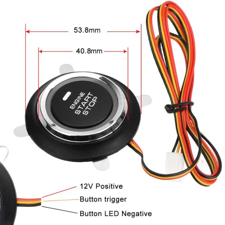 Car engine start-stop button with black bezel and connected wire leads