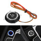 Car engine start-stop button with blue illuminated ring on dashboard
