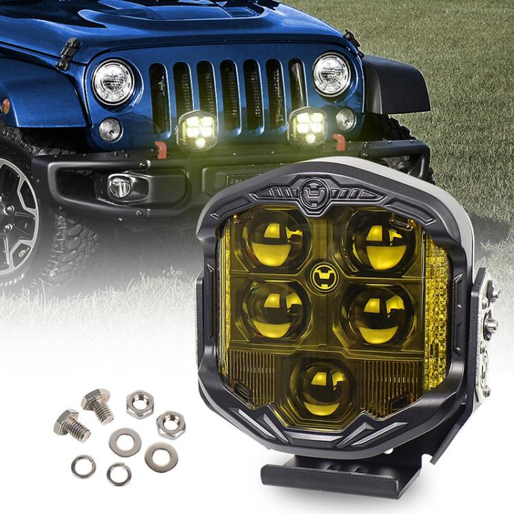 7-inch LED work light with yellow lens and black bracket, front view
