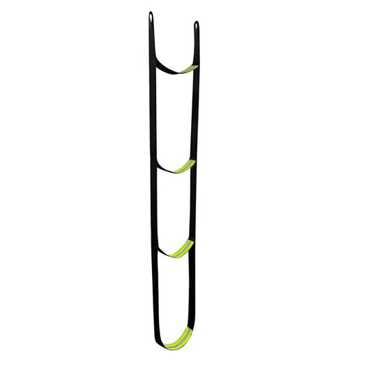 Black rope climbing ladder with three loop rungs and neon green trim