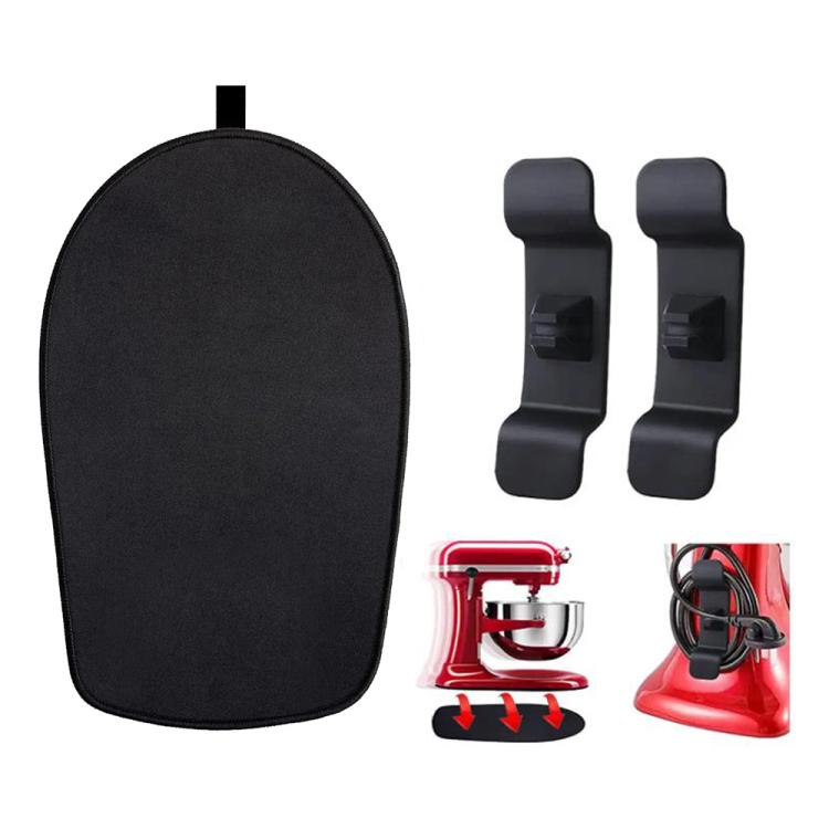 Black oval rubber non-slip blender mat with hanging tab and two cord clips