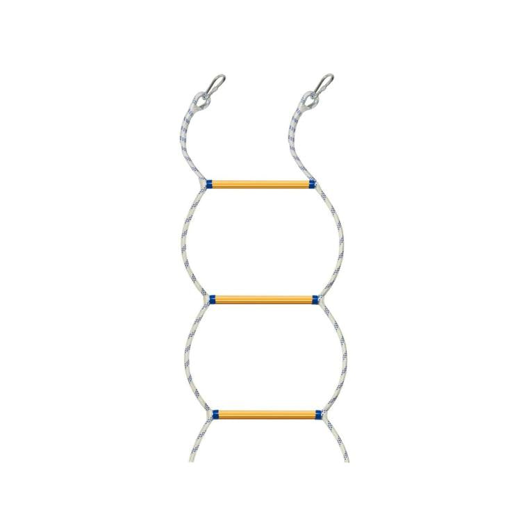 White rope training ladder with three orange rungs and metal carabiner hooks