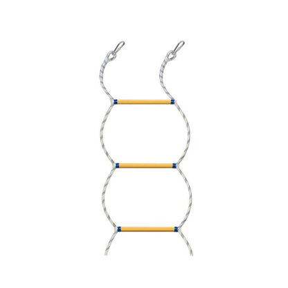 White rope training ladder with three orange rungs and metal carabiner hooks