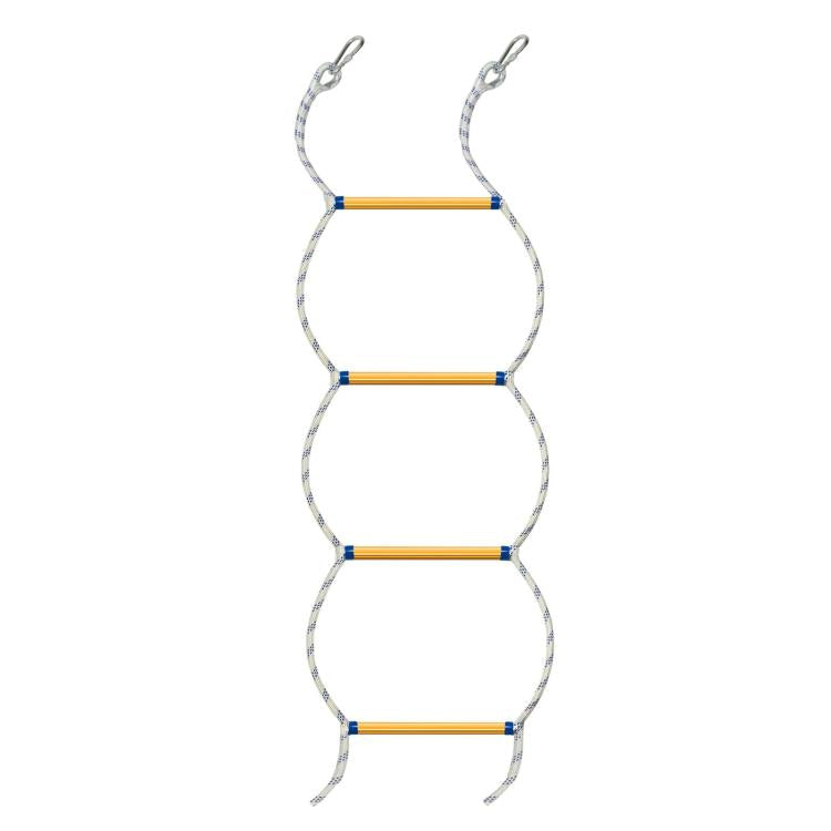 White rope training ladder with three orange rungs and two metal carabiner hooks
