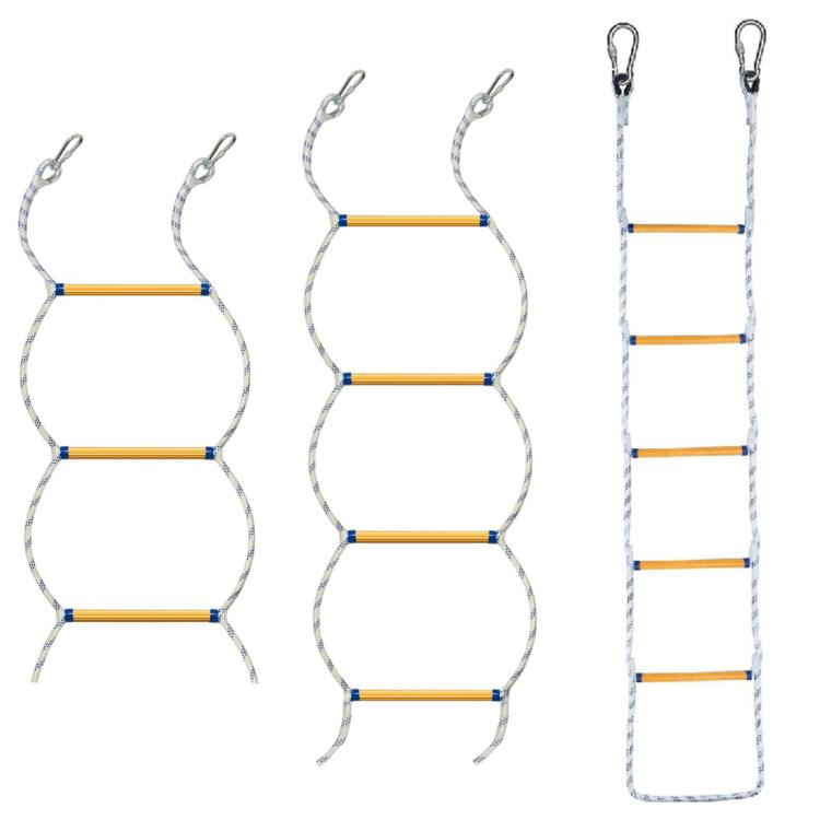 White rope training ladder set with orange rungs and metal carabiner hooks