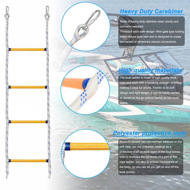 White rope training ladder with orange rungs and carabiner hooks for boat climbing