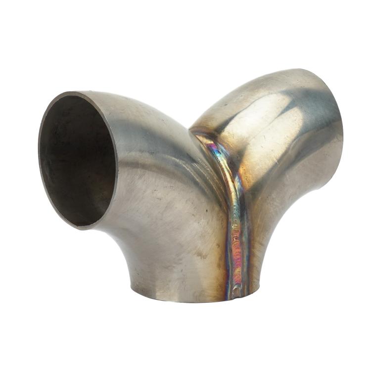 Polished stainless steel Y-type three-way exhaust connector, dual outlet ends