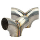 Stainless steel Y-type three-way exhaust connector, angled view of outlet pipes