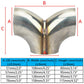Y-type three-way stainless steel exhaust connector with marked dimensions diagram