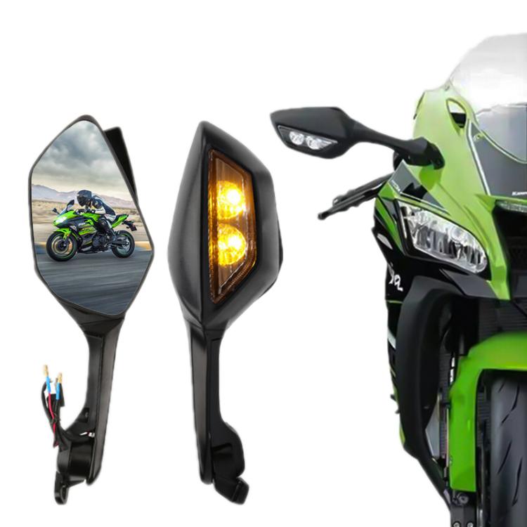 Black motorcycle rearview mirror pair with amber LED light lenses