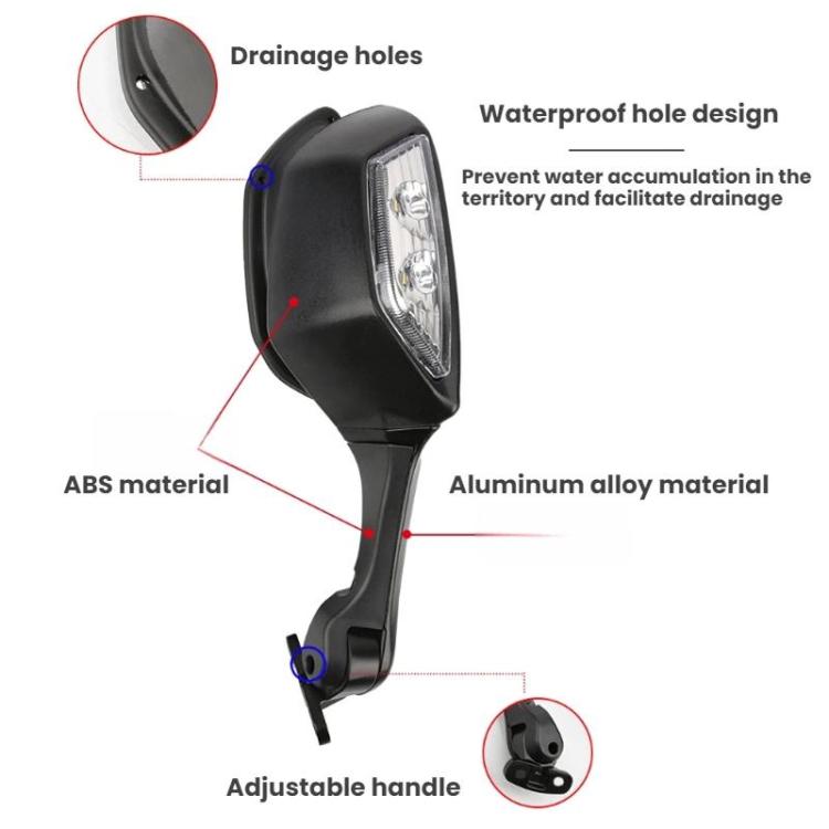 Black motorcycle rearview mirror with waterproof side design, adjustable handle, clear LED lens