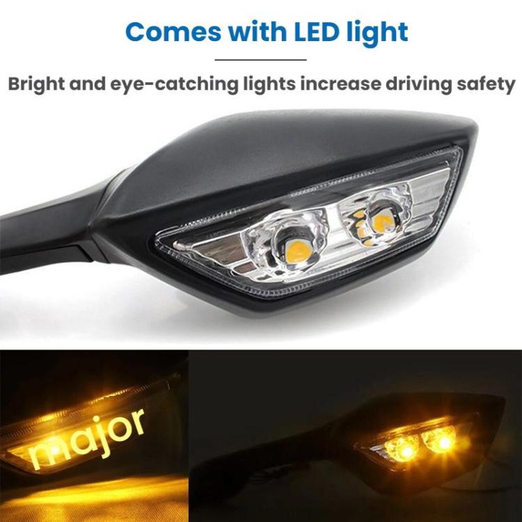 Close-up of black rearview mirror LED light with clear lens and glowing amber bulb