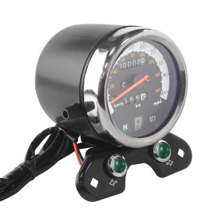 Retro motorcycle speedometer odometer gauge with chrome bezel and black housing