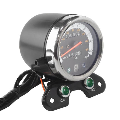 Retro motorcycle speedometer odometer gauge with chrome bezel and black housing