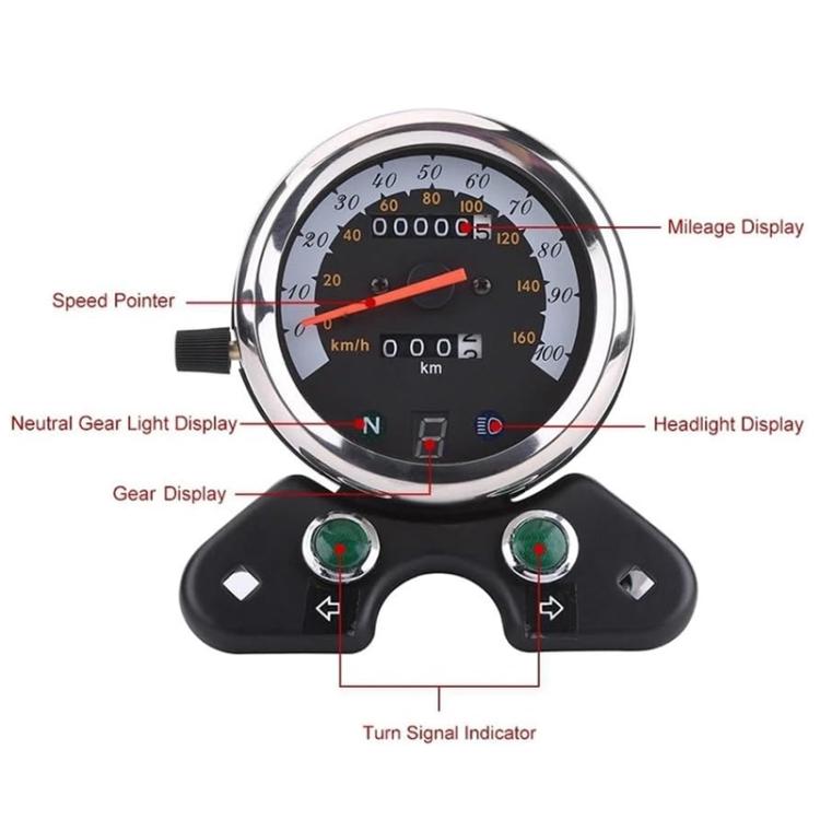 Retro motorcycle speedometer gauge with mileage, gear, and turn-signal display