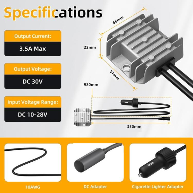 Power converter with metal casing, DC cable, and cigarette lighter plug shown