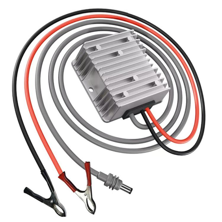 DC voltage booster with heatsink and two battery clamp leads