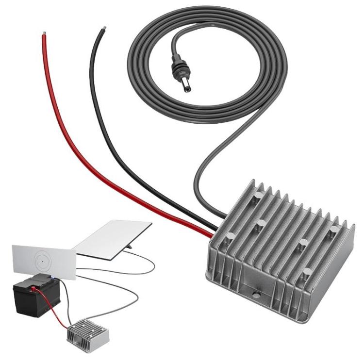 DC voltage booster with heatsink and long cable with DC plug and red/black leads