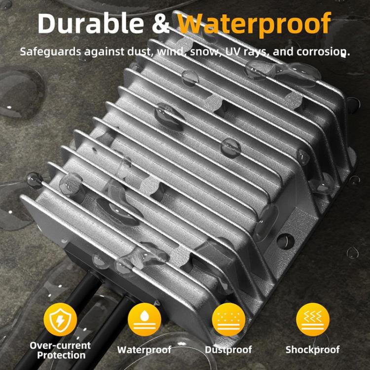 Rugged DC voltage booster with aluminum heatsink housing and protective seals