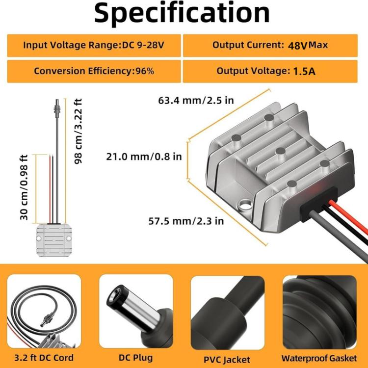 Voltage booster converter with PVC-jacketed DC cord, DC plug, and waterproof gasket