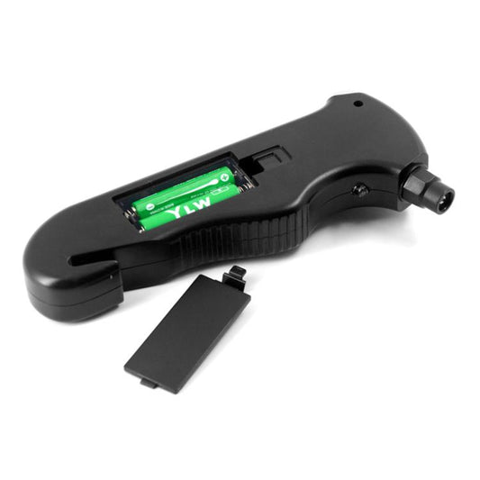 Digital tire pressure gauge with open battery compartment, black