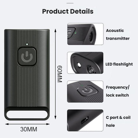 Black ultrasonic dog repeller with labeled side features and C port hole