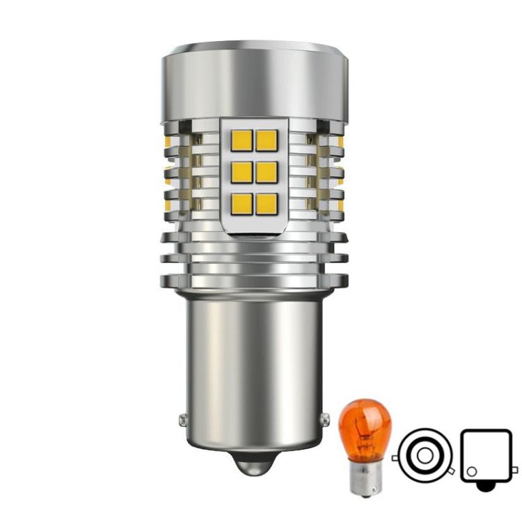 Silver LED turn signal bulb with anti-flicker decoder, fan, and four yellow chip LEDs