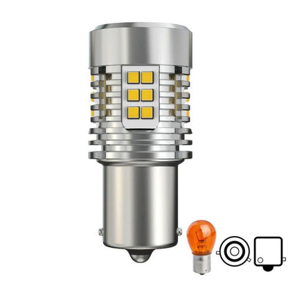 Silver LED turn signal bulb with anti-flicker decoder, fan, and four yellow chip LEDs