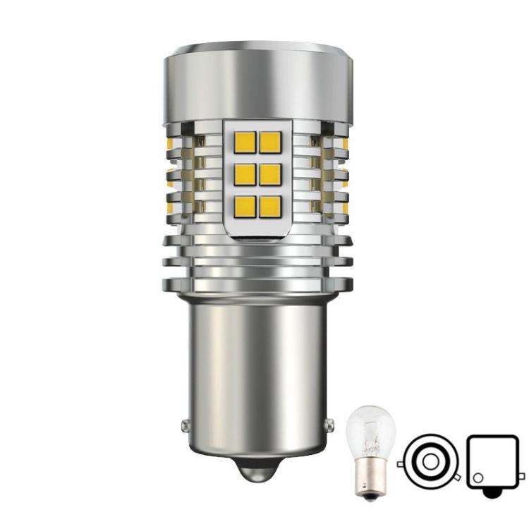 Silver LED turn signal bulb with anti-flicker decoder, fan, and four amber chip LEDs