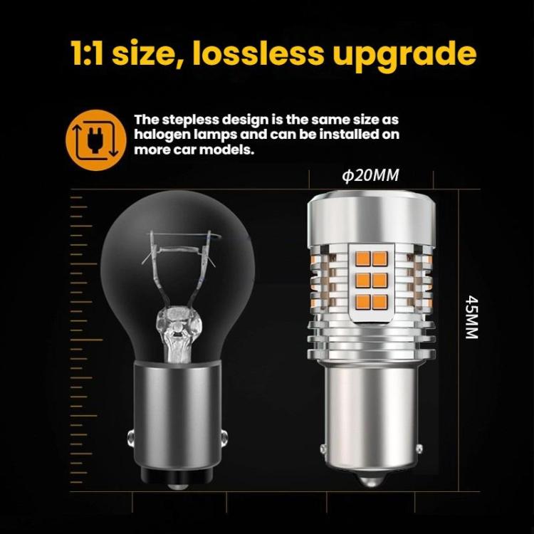Compact silver LED turn signal bulb with yellow chip LED panel and width measurement