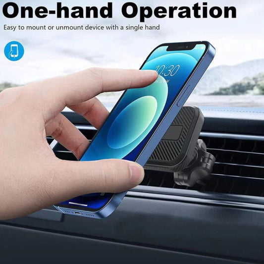 Magnetic car phone mount clipped to air vent with phone held in place
