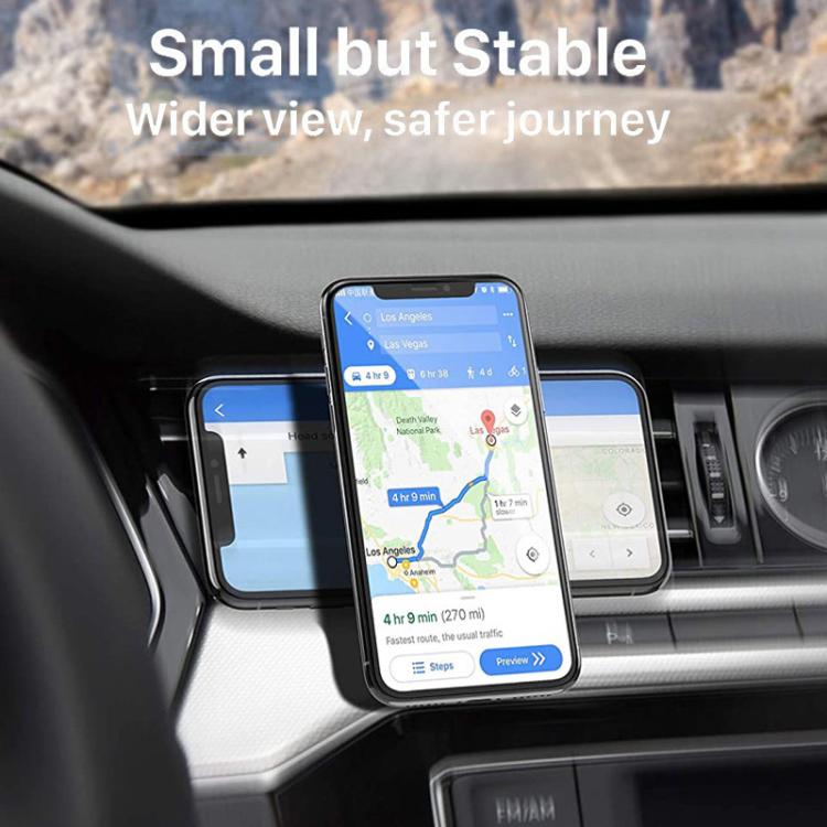 Magnetic phone mount on car air vent with phone displaying navigation map
