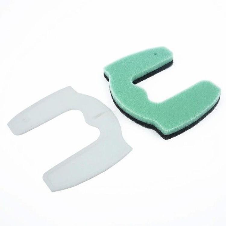 Vacuum HEPA filter replacement pieces: white plastic insert and mint-green foam pad