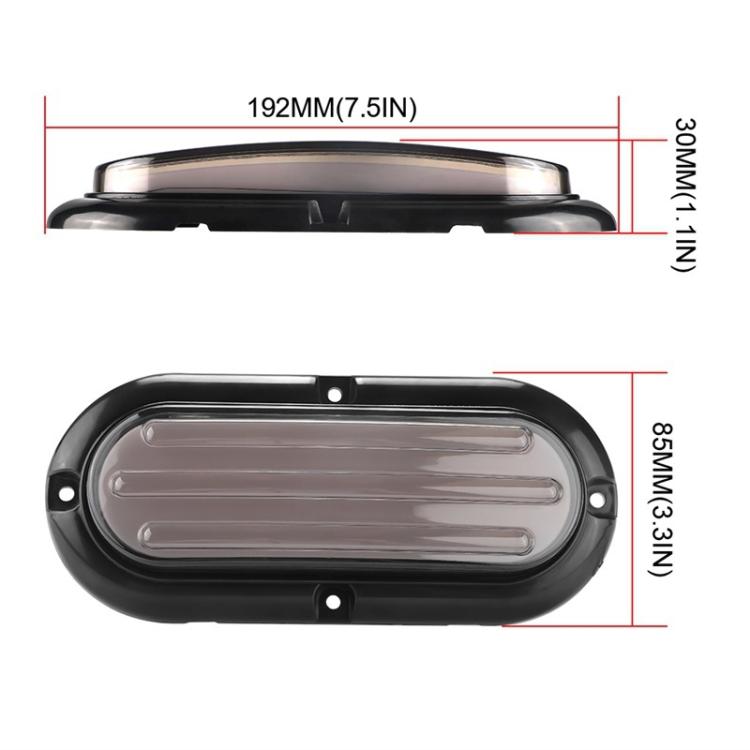 Dual-color LED trailer taillight size view with clear oval lens and black housing