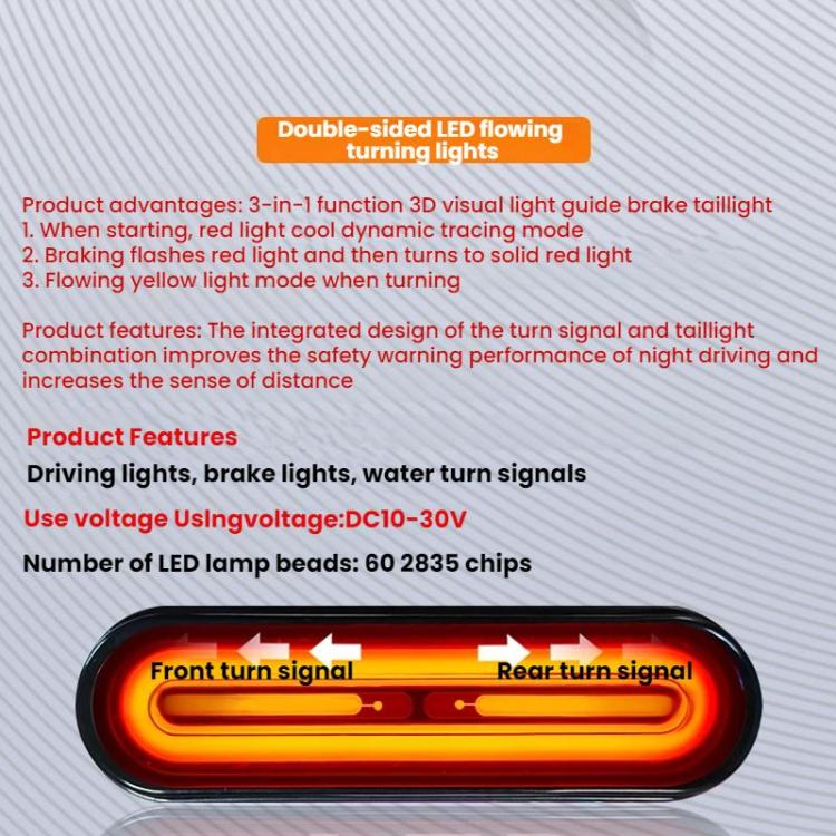 LED brake and turn signal tail light with dual light bars, glowing amber