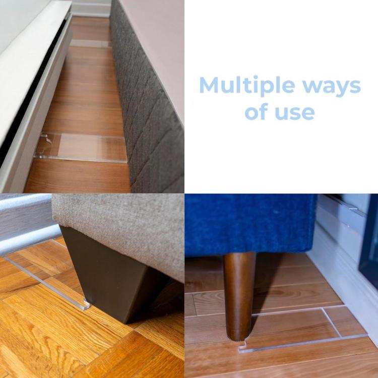 Acrylic sofa leg floor gasket shown in multiple positions on wooden floor tiles