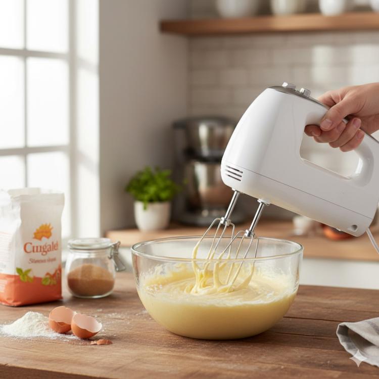 White hand mixer with stainless whisk beaters blending batter in a mixing bowl