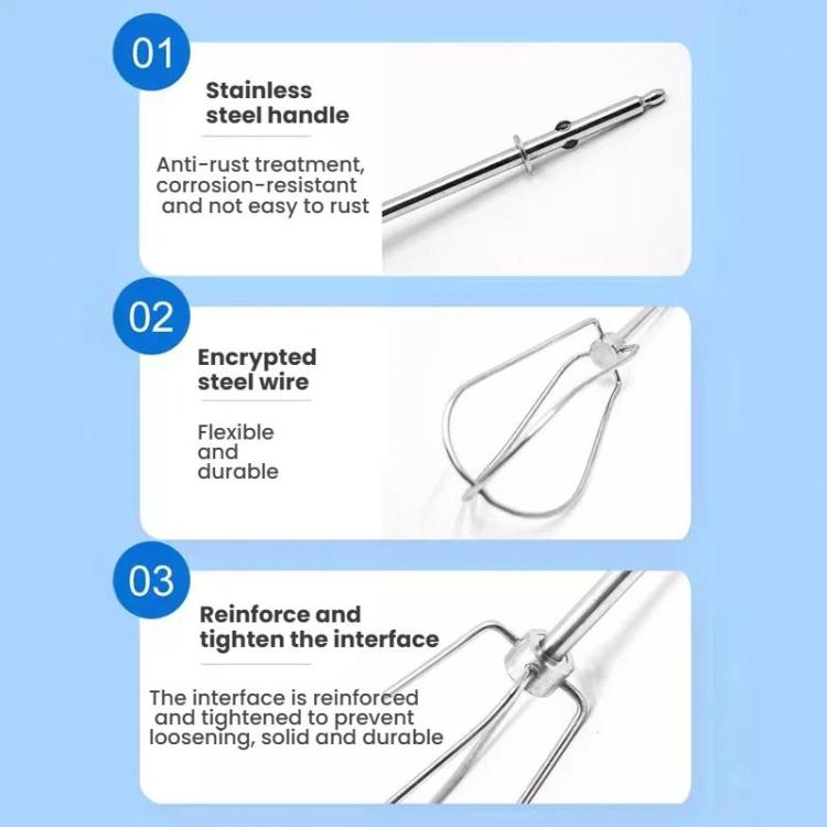 Stainless steel whisk attachment diagram showing reinforced wire beaters and handle