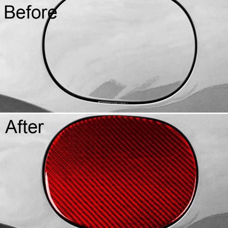 Decorative fuel tank cap sticker, oval carbon-fiber pattern, red finish on car
