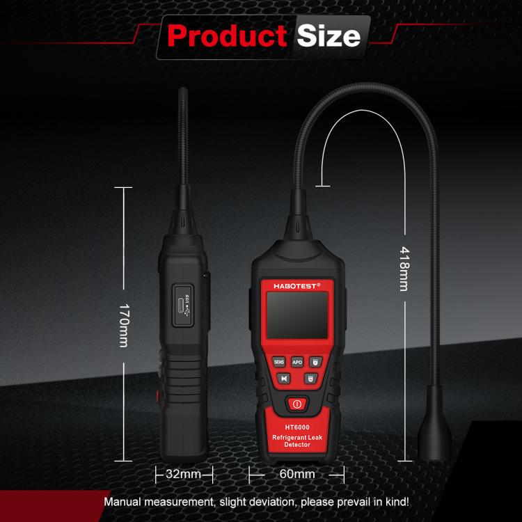 Handheld refrigerant leak detector with extended probe hose and LCD display
