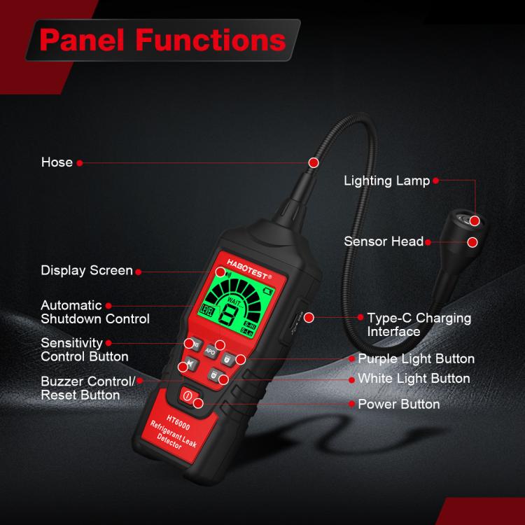 Handheld refrigerant leak detector with illuminated screen and button controls