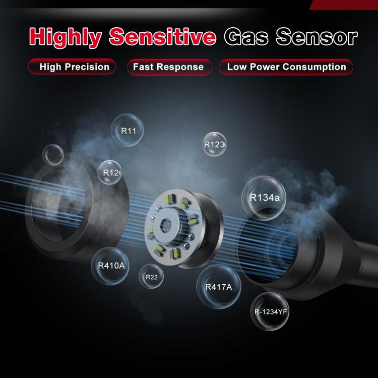 Refrigerant leak detector with sensor illustration and multi gas detection labels
