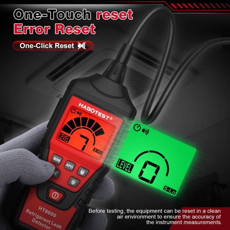 Refrigerant leak detector showing green level screen with reset and level controls