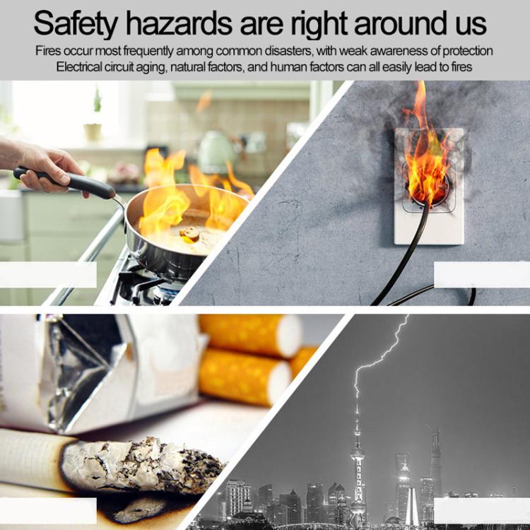 Fire safety alarm promotional collage showing kitchen flames and other hazards