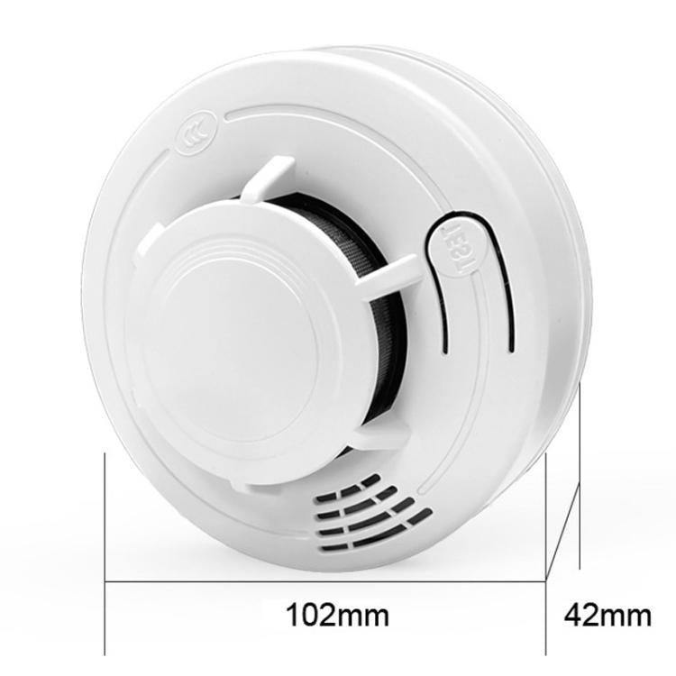 White smoke alarm detector close-up with grille vents and 102mm size marking