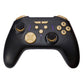 Black wireless game controller with dual thumbsticks, ABXY buttons, and gold-colored face